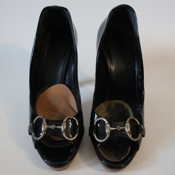 Women Gucci Black Patent Leather Horsebit Peep Toe Platform Heels 6 - Picture 3 of 16